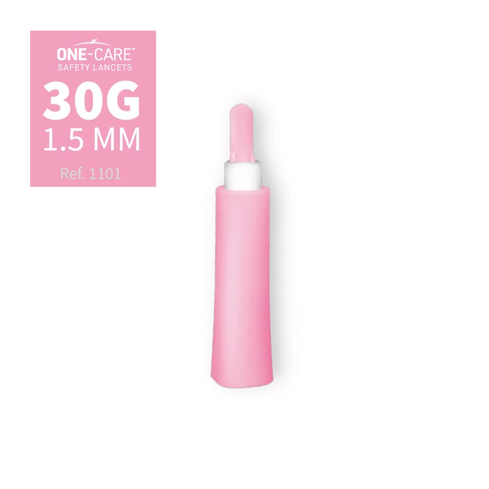 ONE-CARE Safety Lancets, 30G x 1.5mm, Push Button Activation, Gentle, Pre-Loaded, 3-Steps Only, Diabetes Testing, Sterile, Finger Self Prick Device, Glucose Monitor, Single Use, 100/Box