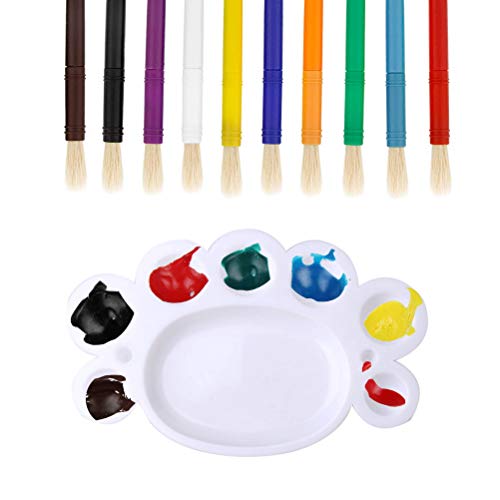 WODE Shop 11 Pieces Artist Paint Brushes Set, 10 Pieces Children Tempera Paint Brush with 1 Paint Tray Palette Plastic Hog Bristle Brushes for Watercolor Oil Acrylic Painting Students Kids Beginners