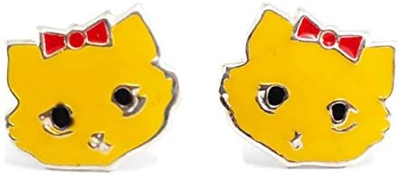 925 Sterling Silver Earrings Enamel Cat (1 Pair) (Yellow)