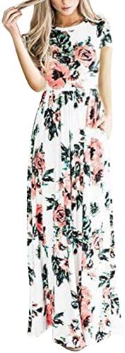 HUHHRRY Women's Short Sleeve Floral Printed Dress Long Maxi Casual with Pockets Dresses(S-5XL)
