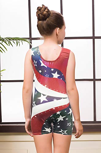 Kids4ever Toddler Gymnastics Leotards Star Stripes Splicing Biketards for Girls Sparkly Unitard with Shorts 6T 7 T