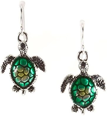 'Fun In The Sun' Embossed Green Enamel Sea Turtle Drop Dangle Earrings, 1"