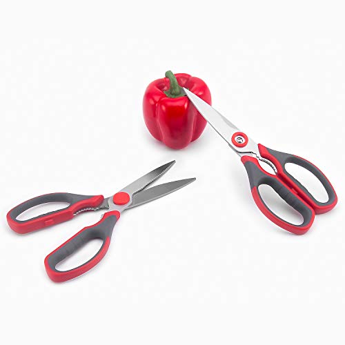 Multifunction Kitchen Scissors 2-Piece Set WELLSTAR, Heavy Duty Food Shears for Chicken Meat Vegetable Fish Herb Poultry Stainless Steel Cooking Scissors with Comfortable Handle Scissors Set (Red)