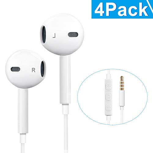 Headphones, Generic 4Pack Quality Excellent Earbuds Earphones with Mic & Remote Control, Perfect Headphones Compatible with iPhone 6s Plus/6s/6/SE/5s/5c/5/iPad and other Android Smart-Phones（White）