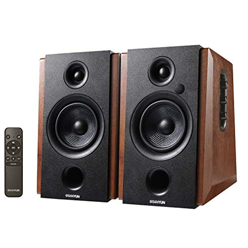 Sanyun SW228BT Powered Bluetooth Bookshelf Speakers – 4 Inch Active Carbon Fiber Speaker- Wireless Studio Monitors – Optical RCA 3.5mm Audio Inputs – 46W RMS – Wooden Enclosure