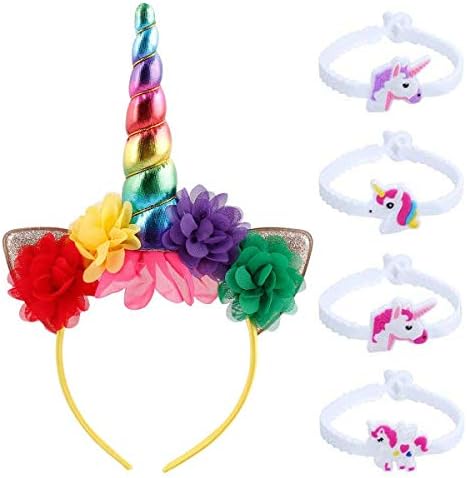 Unicorn Headband Flower Girls Hairhoop Gold/Silver/Rainbow and Unicorn Bracelets for Girls Kids Unicorn Birthday Party Costume Dress (horn2)