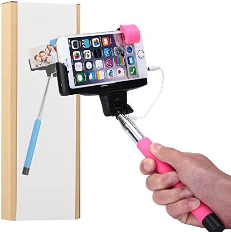 Selfie Stick, nilogie® Plug-N-Snap NIL-207 Self Portrait Extendable Handheld Monopod Stick with Adjustable Phone Holder with Built-in Remote Shutter - Charge Free - Designed for Apple iPhone and Android Smartphones - Pink