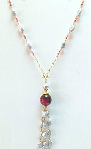Pink Tiger Eye Pendant With Freshwater Pearl Tassel