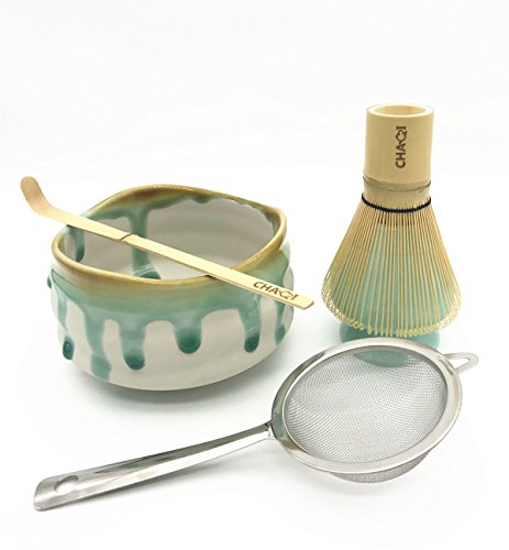 CHAQI Matcha Accessories Kit Include 5 items-100 Prongs Bamboo Whisk Chasen,Bamboo Scoop,Stainless Steel Tea Filter and Ceramic Matcha Bowl & Whisk Holder (White)