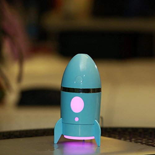 Rocket Shape Cool Mist Humidifier with Colorful Night Light, Kingfansion USB Powered Air Purification Aromatherapy Essential Oil Diffuser for Car Office Bedroom (Blue)