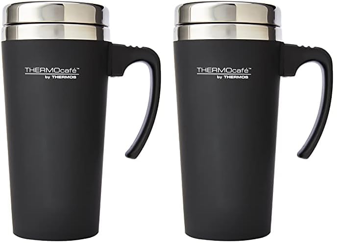 Thermocafe 420 ml Plastic and Stainless Steel Soft Touch Travel Mug, Black, 1 Count (Pack of 2)