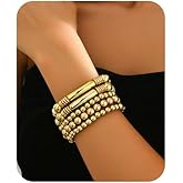 iamrzye 5Pcs Gold Beaded Bracelets for Women Boho Chunky Stretch Elastic Bracelets Stackable Round Ball Beads Bracelet Set Trendy Statement Bangles Bracelet Delicate Jewelry Gifts