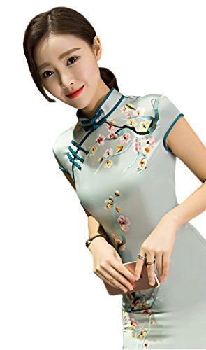 Women Chinese Tang Suit Short Sleeve Flower Cheongsam Qipao Dress