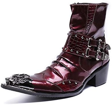 Men's Western Cowboy Boots Cuban Heel Leather Ankle Riding Pointed Metal Toe Wedding Shoes Classic Dress Evening Party Size EU 38-46,Red,EU45/UK11