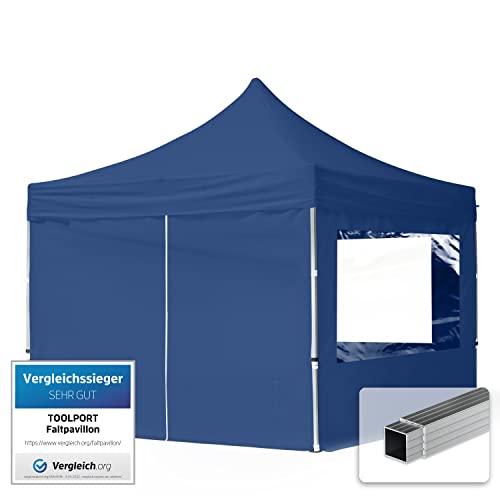 TOOLPORT Tente Pliante 3x3 m - 4 côtés Aluminium Barnum Chapiteau Pliant Tonnelle Stand Paddock Réception Abri PES300 Bleu