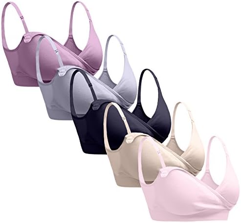 5Pack Nursing Bra,Womens Maternity Bra For Breastfeeding,Wireless Sleeping Bralette With Extenders,Black/Nude/Pink/Gray/Cameo,Large