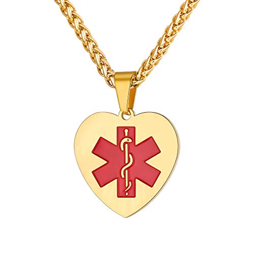 Supcare Medical Alert Heart Necklace Pendant Jewelry Stainless Steel 18K Gold Plated, Medical Emergency Identification Tag Necklace Jewelry for Women/Men/Kids