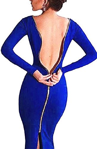 Womens Long Sleeve Slim Fit Back Zipper Pencil Bodycon Midi Dress (XXL, blue)