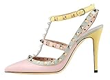 MONICOCO Women's Stilettos Studded T-Strap Pumps Pointed Toe Shoes