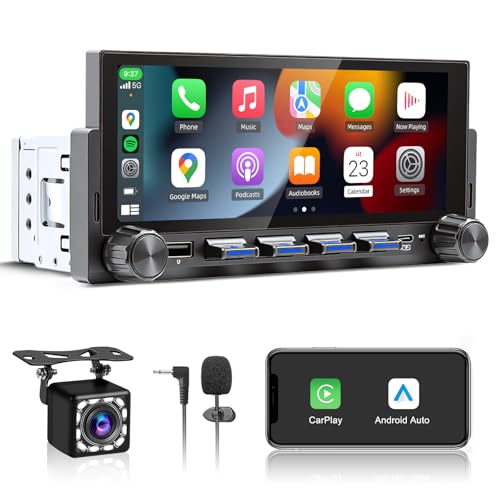 Autoradio 1 DIN Bluetooth avec sans Fil CarPlay et Android Auto - 6,86 Pouces HD Ecran Tactile,Wireless Autoradio avec Caméra de Recul，Bluetooth,Mirror Link,FM Radio,EQ,Mic,USB,Type-C, Navigation GPS