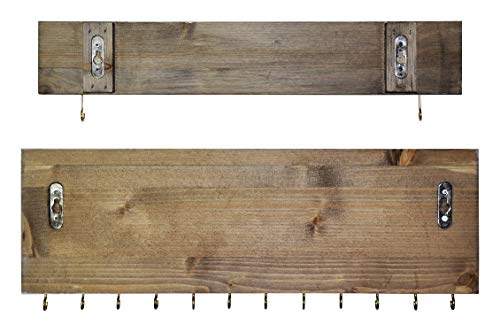 Spiretro Wall Mount Set of 2 Jewelry Organizer Holder Rack, Removable Golden Metal Bar Display Earrings Bracelets, Hooks Hang Necklaces Rings, Shelf Storage Accessories Ornaments, Rustic Torched Wood