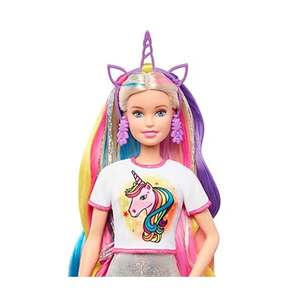Barbie-Puppe, Einhorn-Barbie-Puppe mit Meerjungfrauenhaar und Einhorn-Haarkrönchen, Barbie-Accessoires, Barbie-Puppe inklusive, Geschenke für Kinder ab 3 Jahren,GHN04 – Bild 6