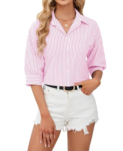 siliteelon Striped Button Down Shirt Women 3/4 Sleeve Cotton Tops Blouses at Amazon