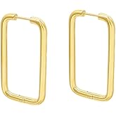 18K Gold Plated Silver Big Rectangle Dangle Hoop Earrings for Women Girls Stainless Steel Hypoallergenic for Sensitive Ears Large Geometric Huggie Hoops Drop Fashion Minimalist Jewelry 40mm