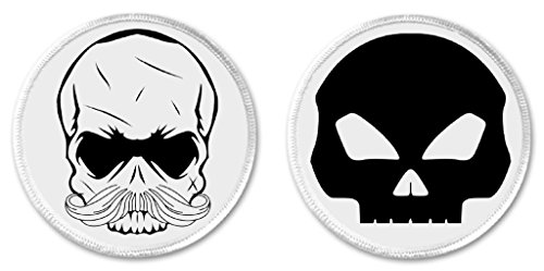Set 2 Horror Skulls 3" Sew On Patches Black Death Moustache Funny