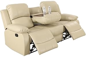 AYCP Bonded Leather Reclining Sofa Set, 3-Seat Sofa with Dropdown Coffee Table, Loveseat Recliner with Storage, Beige, Manual Recline, Easy Assembly