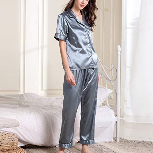 Tomppy Women Pajama Sets Short Sleeve Button-Down Shirts + Long Pants Nightwear Two Pieces Loungewear Sleepwear Gray - Thumbnail 2