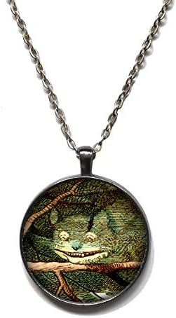 Victorian Vault Art Painting Alice in Wonderland Circle Pendant Necklace on Chain (Cheshire Cat)