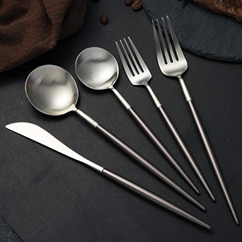 Artthome 20-Piece 18/10 Stainless Steel Flatware Silverware Dinnerware Set Cutlery Tableware Include Knife Fork Spoon (Brown and Silver Matte) - Thumbnail 5