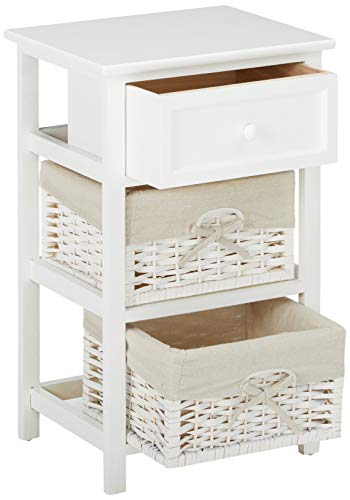 JAXPETY White Night Stand 3 Tiers 1 Drawer Bedside End Table Organizer Wood W/2 Baskets (White)