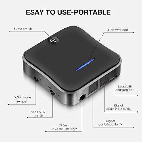 Wsiiroon Bluetooth 5.0 Transmitter Receiver, 2-in-1 Wireless aptXHD Low Latency Bluetooth Audio 3.5mm & Optical Adapter for Home/Car Stereo System (2 Devices Simultaneously) - Thumbnail 5