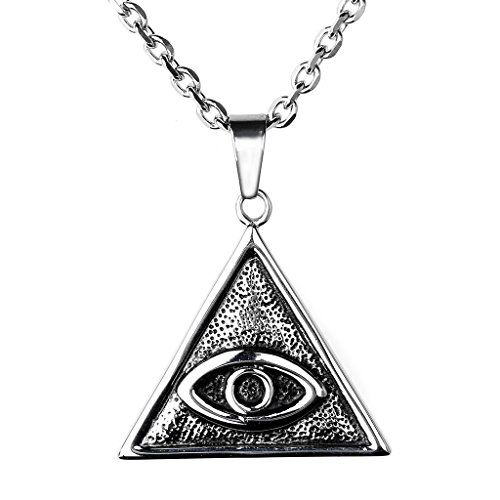 JOVIVI Mens Vintage Stainless Steel Eye Of Providence pendant All Seeing Eye Necklace, Silver Black Color, 24 inch Chain