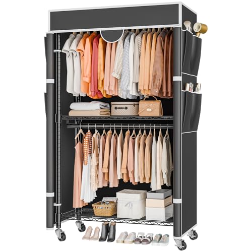 Himimi Coat Rack with Cover, Clothes Rack on Wheels, Heavy Load, Stable with Height Adjustable Shelf, Metal Open Wardrobe for Bedroom, 90 x 45 x 205 cm