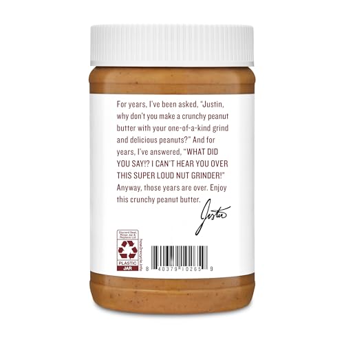 JUSTIN’S CRUNCHY CLASSIC PEANUT BUTTER 16OZ. JAR, GLUTEN FREE, NON-GMO, RESPONSIBLY SOURCED