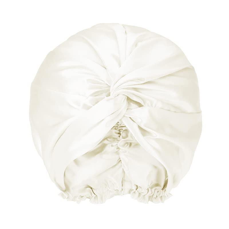Townssilk 100% Maulbeerseide Frauen Nachtmütze, 16Momme Schlafmütze Seide Duschhaube Gut Für Das Haar, Schützt Das Haar, Seide Nachtmütze, Doppelschicht,Naturalwhite