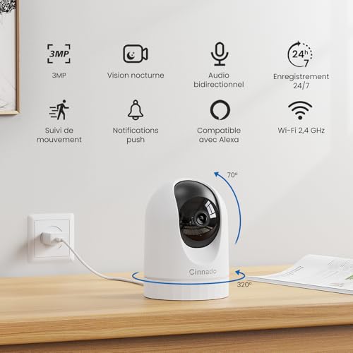 Cinnado 3MP Indoor Camera – 2K WiFi Surveillance Camera for Baby/Cat/Dog/Pets Connected Smartphone, AI Detection Intelligent Tracking 360 Degrees, Continuous Recording with MicroSD Card