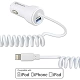 iPhone Car Charger, BitTrendx 3.4A Adaptive Smart Apple Lightning Car Charger with Tangle-Free Coiled Cable for iPhone 7 7 Plus 6S 6S Plus SE 6 6 Plus 5 5S 5c iPad Plus Extra USB Port (White)