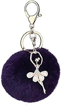Rabbit Fur Furry Pom Poms Keychain Dancing Angel Car Key Bag Hangs Pendant Chains (Black)