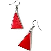 Tagua earrings in red, triangle tagua nut earrings, red organic dangle earrings TAG261