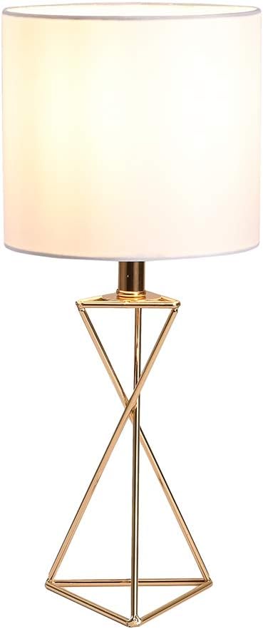 CASILVON Modern Gold Bedside Side Small Table Lamp, Desk Lamp with White TC Fabric Lampshade Hollowed Out Holder for Bedroom Living Room Dorm Room 16 Inch