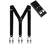 Men's Y Shape 6 Strong Clips Adjustable Elastic Suspenders-Heavy Duty Leather Braces（Black）