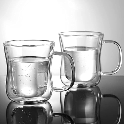 ecooe 2x350ml Double Walled Coffee Glasses Mugs Cappuccino Latte Macchiato Glasses Cups with Handle Borosilicate Heat Resistant Glass Cups for Coffee Tea Milk Juice Ice Cream