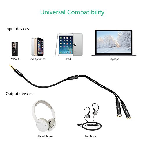 HOOMIL Headphone Splitter 3.5mm Jack Male to 2 Port 3.5mm Female Cable Audio Stereo Y Splitter for Earphone, Headset Splitter Adapter, Compatible for iPhone,Tablet and MP3 Players (Black, 33cm) - Thumbnail 5