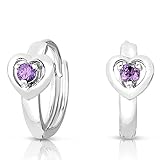 Girls 925 Sterling Silver Heart Design Round Huggie Earrings In Simulated Birthstone Colors