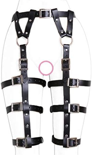 Sexy Punk Leather Harness Garter Belt Adjustable Waist Leg Cincher Cage Belt - Free Size - 6 Leg Rings