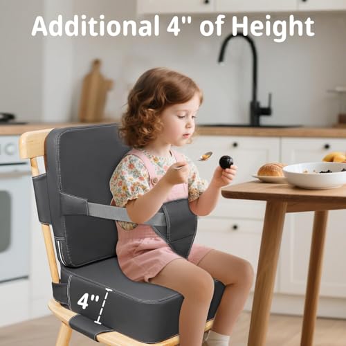 YOOJ® Toddler Booster Seat for Kitchen Chair, 2-in-1 Dining Table Booster Seat with Backrest & Adjustable Straps, PU Portable Toddler Eating Travel Increasing Cushion, Easy to Clean (Dark Grey)